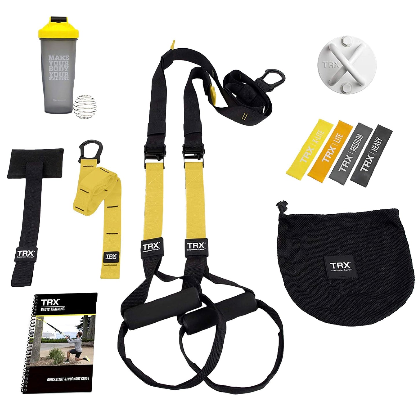 TRX Training All-in-One Suspension-Trainer Exercise Equipment Bundle with XMount Wall Anchor, 4 Strength-Exercise Bands, and Shaker Bottle, 10 Items Total - Your Performance Shop