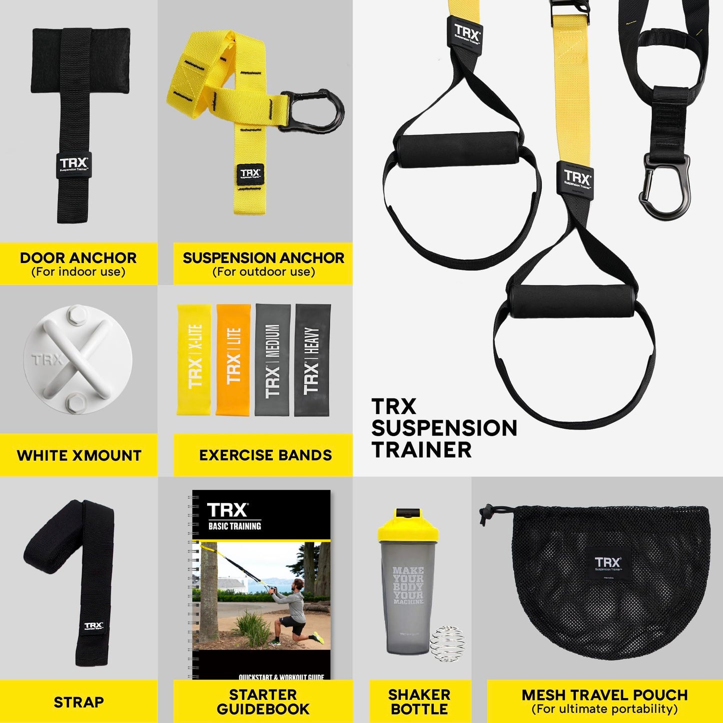 TRX Training All-in-One Suspension-Trainer Exercise Equipment Bundle with XMount Wall Anchor, 4 Strength-Exercise Bands, and Shaker Bottle, 10 Items Total - Your Performance Shop